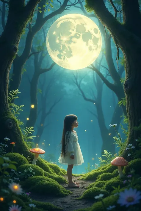 The Moon protecting a girl who is in the woods