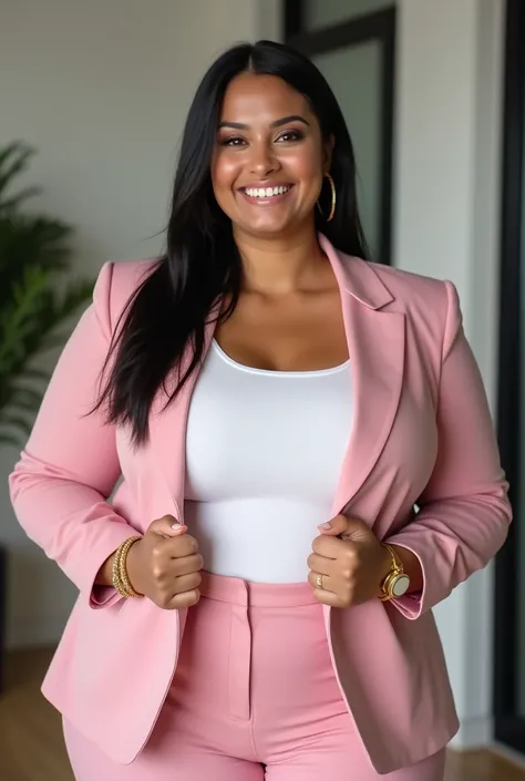  
 Generate a very realistic and natural 8k quality photo of a white-skinned Brazilian woman , 35 years old, plus-size woman with well-designed facial details  , Well empowered  . Long straight straight black hair ,  is smiling showing her teeth  ,  is wea...