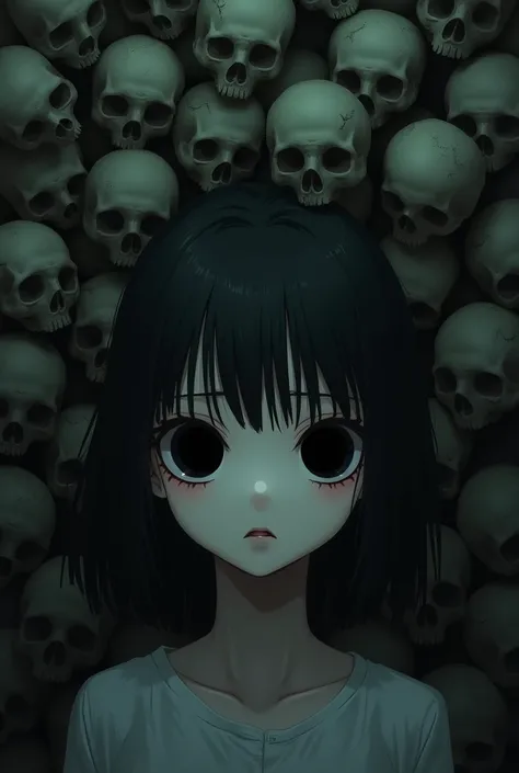  Image of a creepy girl with no eyes just a dark background in her eyes, tem dark,  the background of the image is full of skulls one in short of the other , anime theme anime 