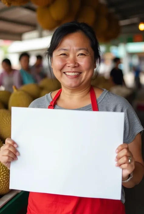 The picture is bright, high-definition, and high-quality. A 40-year-old, slightly plump Asian woman is smiling at the camera, holding a huge piece of pure white cardboard in her hand, showing the front of the white cardboard to the audience. The white card...