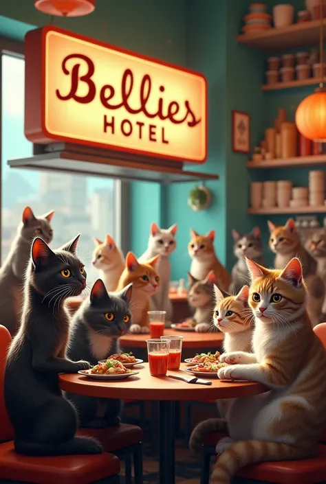 Many cats are multiple table  and eating in a restaurant and cash counter cats are wait For cash counter 
. The name of the Billboard  is Bellies hotel