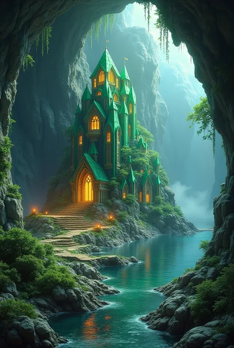 a cave, large and wide ,  with various colored crystals embedded in the ceiling and floor ,  streams between the cracks ,  plantations scattered near the streams, The cave is dimly lit,  the crystals gave a rainbow light to the place , a green stone palace...