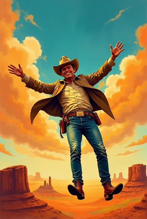 An oil painting of a wild west sheriff falling from the sky, in a modern, colorful, and loose brushstroke style, resembling the work of David Hockney. The sheriff is mid-fall, with his badge catching the light, a relaxed but confident pose, and his hat til...