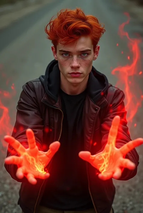 Boy 18 years old,  White , red-haired, From the scarlet red telekinetic greenish hazel eyes  , WITH FRECKLES.
clothing: black shirt, black jacket , cargo pants.
powers: telecineticos vermelho Escarlate saindo de sua mão 
powers telepáticos vermelho escarla...