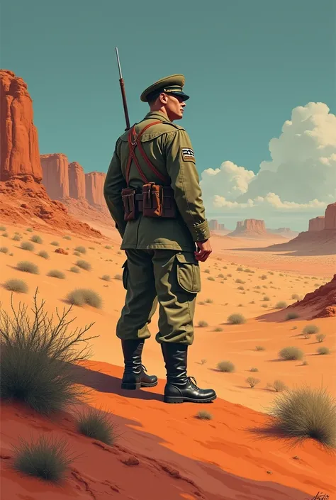 Make a World War II German military propaganda poster in the cape desert 