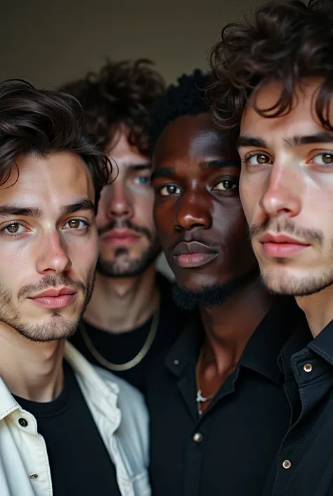 4 hombres jovenes de 25 años  , uno blanco ,los otros 3 negros , la imagen artistica y que se vean los 4 rostros como para una portada de disco , imagen artistica, que se vea como dibujo, que solo se vea la sonrisa , y en el joven blanco los lentes 
