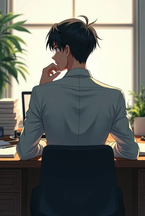 anime man sitting at a desk with his back looking to the side.