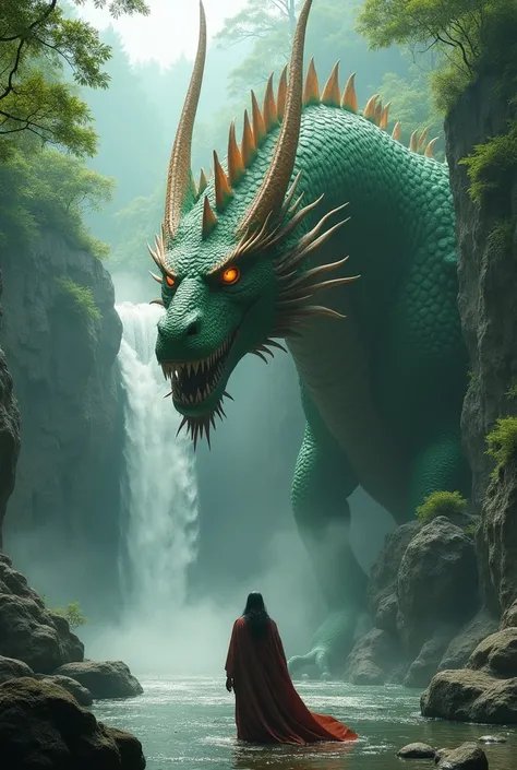 A photorealistic fantasy scene that emphasizes 3D depth, featuring a massive dragon emerging from a mystical forest river. The dragons emerald green and gold scales are illuminated with a realistic glow, and its glowing orange eyes and sharp horns add real...