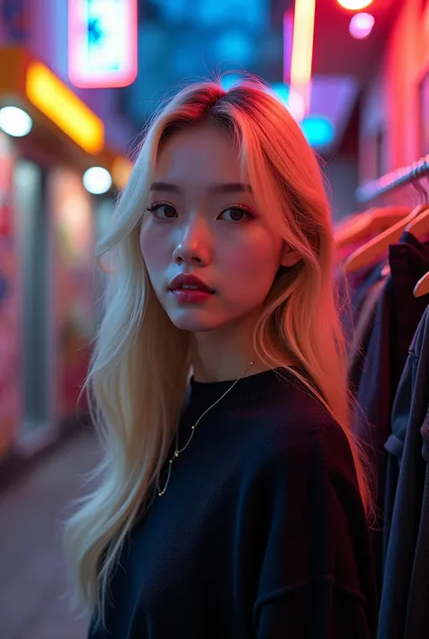 . A Korean girl wearing makeup is very beautiful and realistic
The upper left image **:  showing a street illuminated in neon colors, with frescoes on the walls and bright lights that create a lively and urban atmosphere .

2. **The middle left image **:  ...