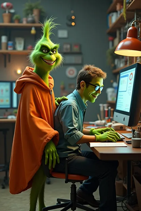 Design an image of the Grinch wearing an orange poncho standing next to a man working on a computer 