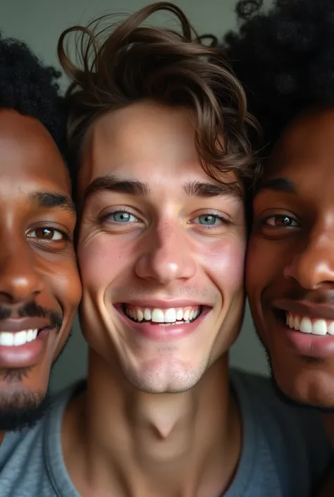  4 young men of 25 years  , A white one WITH   ,The other 3 blacks  ,  the artistic image and that the 4 faces can be seen as if for a disc cover , Let only see the smile  ,  and in the young white man the lenses,  lenses THAT LOOK LIKE A PIXAR DRAWING
