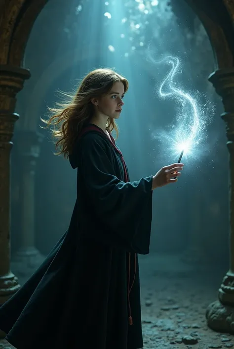 Image in which Hermione is invoking an otter patronus