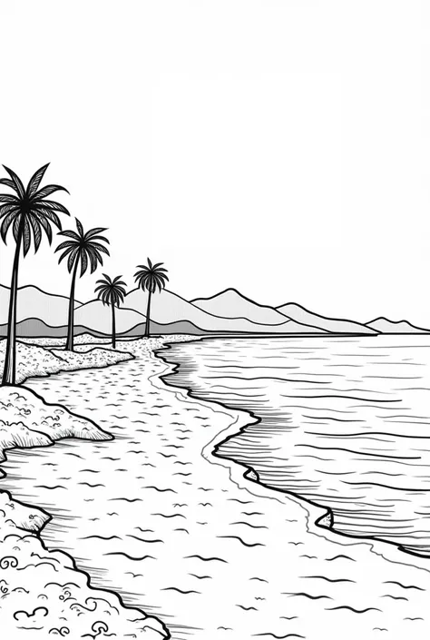 "Create a black-and-white illustration for a rens coloring book featuring a beautiful Brazilian beach landscape. Include iconic elements like the ocean, sand, palm trees, waves, and distant mountains. Add famous Brazilian beach cities such as Rio de Janeir...