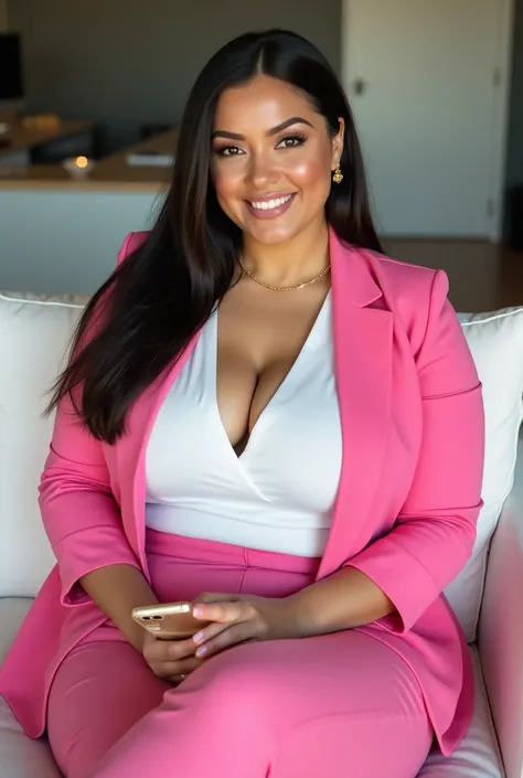  Generate a very realistic and natural 8k quality photo of a fair-skinned woman  , 35 years old, plus-size woman with well-designed facial details  , Well empowered  . Long straight straight hair ,  is smiling showing her teeth  ,  is wearing light makeup ...