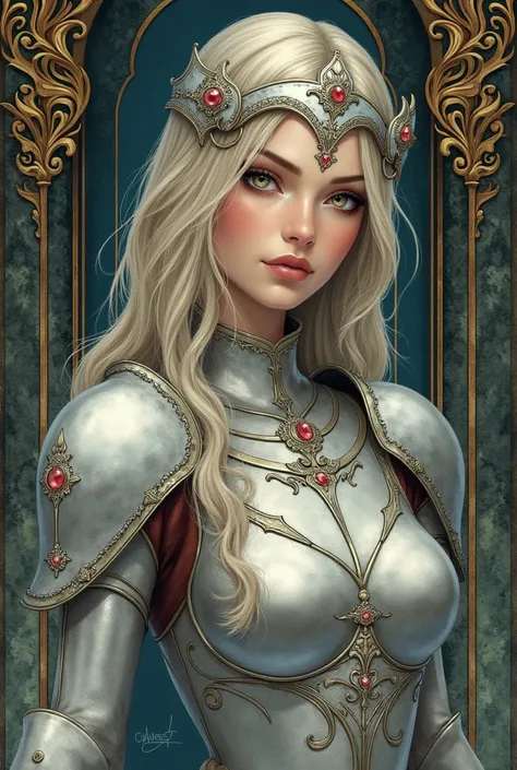 An art nouveau style watercolor image of a slender female D&D Paladin in shimmering armor. Druillet style. Enki Bilal. Mesmerizing look. Ornamental dark fantasy background. 