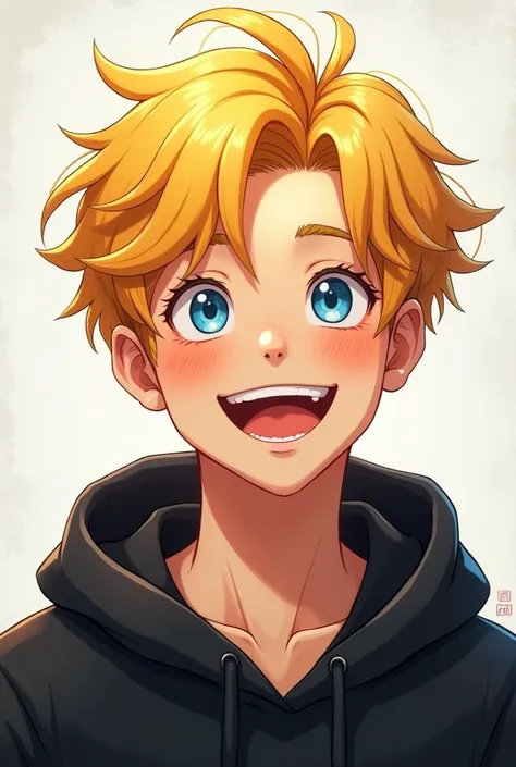 Creates an image of a fair-skinned young man with yellow hair and blue eyes smiling and wearing a black Cartoon hoodie 