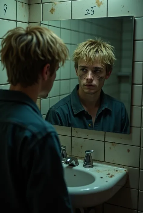 A 20 year-old young blond boy with dirt on his face looks at himself in the mirror inside a toilet cabin