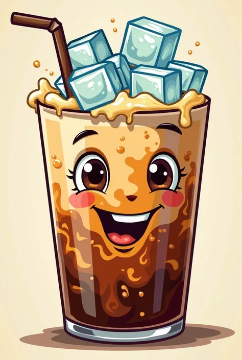 a close up of a cartoon character, this character is an iced tonic cold brew coffe with ice cubes and no milk, single line