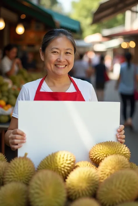 The picture is bright, high-definition, high-quality, foreground, a durian stall with big, round durians on it, a 40-something, slightly plump Asian woman standing in front of the durian stall, smiling at the camera, holding a huge piece of pure white card...