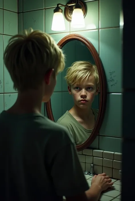 A 20 year-old young blond boy with dirt on his face looks at himself in the mirror inside a toilet cabin