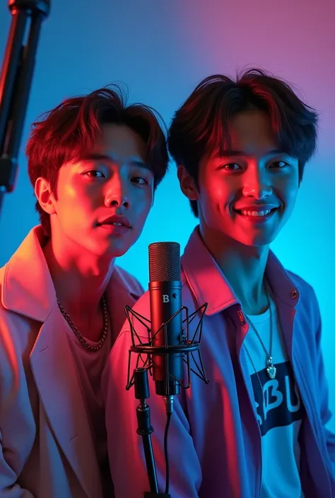 Two Asian gay men from the k-pop group BTS with a microphone symbol and a professional camera 