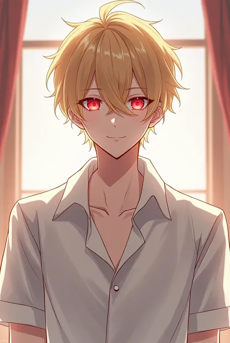 The second personality of the idol guy is a blonde he is also a guy and is in their subconscious with red eyes and a smile and in pure white anime-style clothes