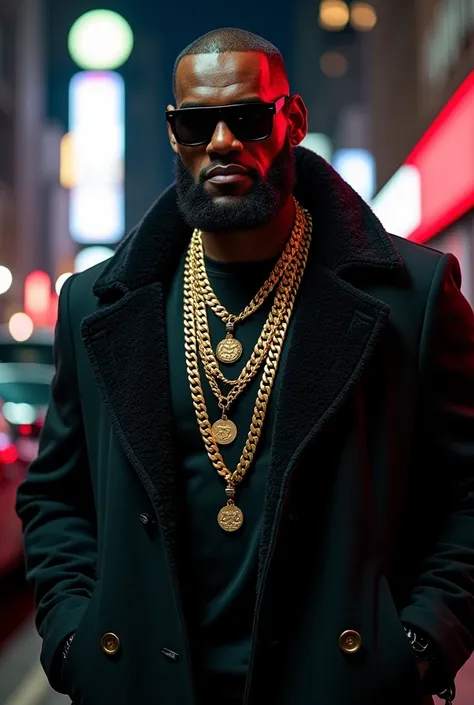  LeBron James, a modern gangster wearing a heavy black coat with a textured fleece collar.,  over a basic black t-shirt .  He wears gold chains layered with a flashy and discreet pendant , that represents his authority . Carrying a Thompson machine gun. Hi...