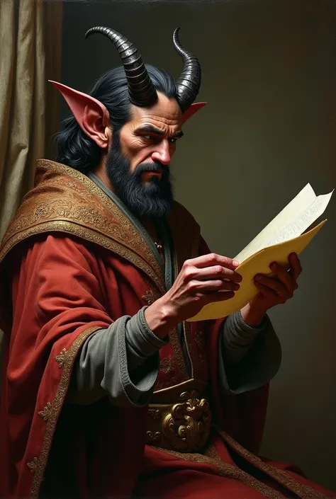  an image of the devil reading a letter, with the face of uncertainty ,  and everything in classic painting style .