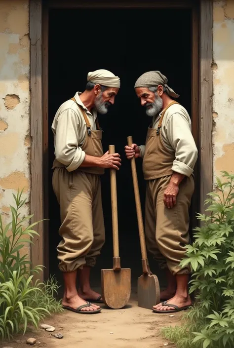 deux hommes en train de travailler la terre, avec des outils de jardinage ou des pelles, et deux femmes (les mères) qui se tiennent près de la porte, peut-être en train de parler ou de surveiller les enfants. Ils pourraient porter des vêtements de paysans ...