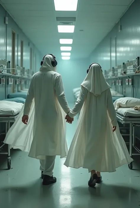 couple dressed in a white cloak are dancing wearing headphones, while they are in a morgue 