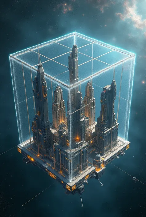 Draw a quad-shaped extraterrestrial city in a cube