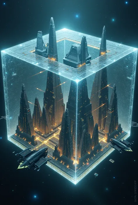 Draw a quad-shaped extraterrestrial city in a cube