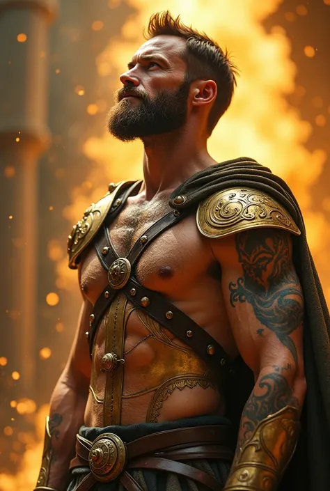  Attractive Hugh Jackman , 35, with short brown hair , with wavy tips,   abundant long and thick hipster beard with Look up ,  Blue eyes ,  big freckles and scarred muscles  , great vices, accentuated abdomen, Tattoo on an arm, He is a beacon of hope  ;   ...