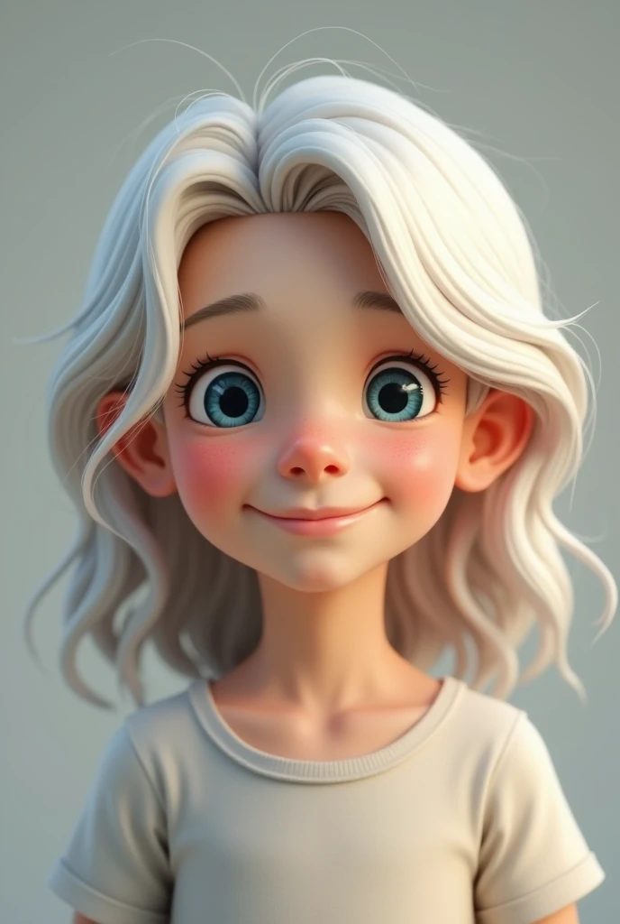 create a boy, Young, male, realistic, . your skin is white.  Her hair is long and platinum.  Her eyes are the thin almond-shaped type, and they are blue . The boy has a cheerful expression, but not so exaggerated !