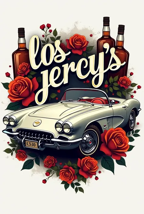 make a platinum logo with the word "Los Jercys" intertwined in roses and rum bottles, and a Chevrolet Monza