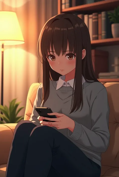 create an Incredibly highly detailed anime cinematic photo of anime style: 
A young woman with long, straight brown hair sits on a cozy couch in a living room with a soft, warm color palette. She wears a casual yet professional outfit, a light gray sweater...