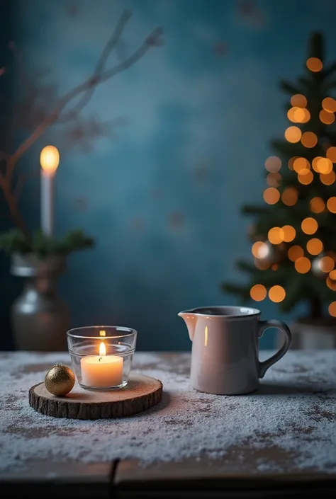 Create image for an advertisment a Christmas atmosphere image that has blue, gris colors, minimalist. Have a table in the foreground to use as a base to place objects to create advertising. But the space has to be empty. The background should be blurred an...