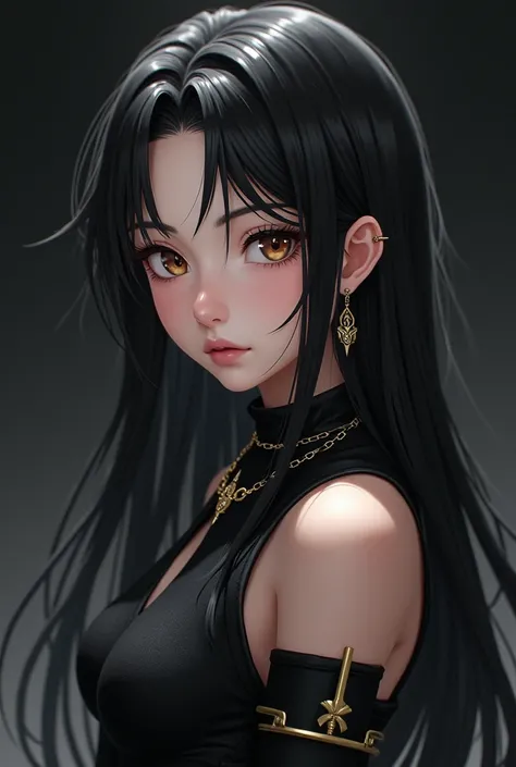 Create a beautiful anime girl , with hazel eyes,  long black hair,  black clothes and rings and chains