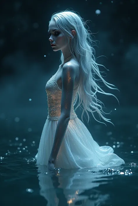 An otherworldly eerie woman with an unnatural appearance. Her skin is smooth silver with a mesmerizing holographic shine that reflects subtle colors in the dim light. Her eyes are deep black, exuding mystery, and her wet, silver hair cascades like liquid m...