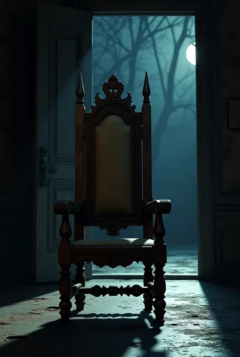 Antique wooden chair facing a door at night 