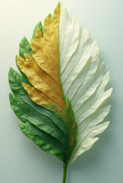 an abstract image of a leaf with golden parts and a white mamore in the background with green details