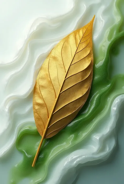 an abstract image of a leaf with golden parts and a white mamore in the background with green details