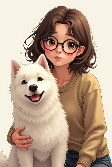 A brunette teenager with glasses and a medium sized white dog 