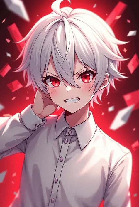 The second personality of the white-haired idol guy is also a guy and is in their subconscious with red eyes and an angry smile and in pure white clothes around everything is broken and red in anime style