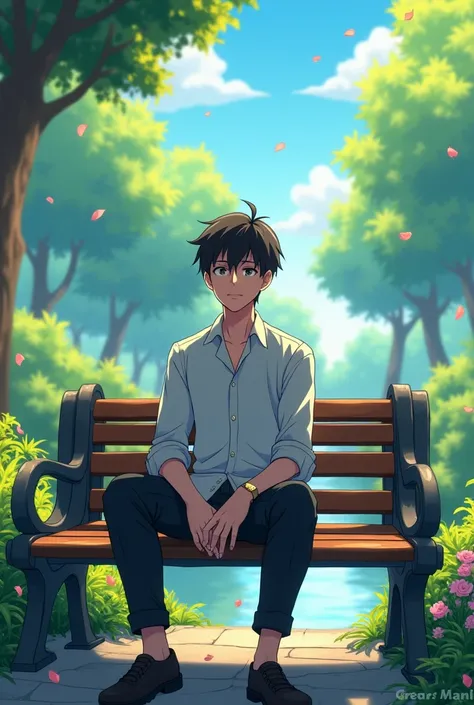 A man sitting on an anime-style bench