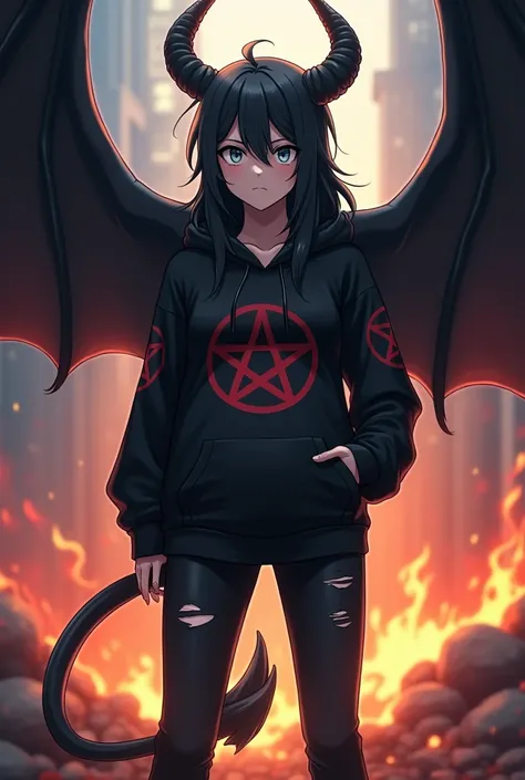 A pregnant trans man demon he has long black hair gray blue eyes a female face he wears a black hoodie with a red pentagram on it on his head he has two huge horns a tail hooves city feet of the hoodies always a little too big under the hoodie he wears bla...