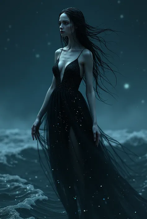 An otherworldly eerie woman with an unnatural appearance. Her skin is smooth silver with a mesmerizing holographic shine that reflects subtle colors in the dim light. Her eyes are deep black, exuding mystery, and her wet, black hair cascades like liquid me...