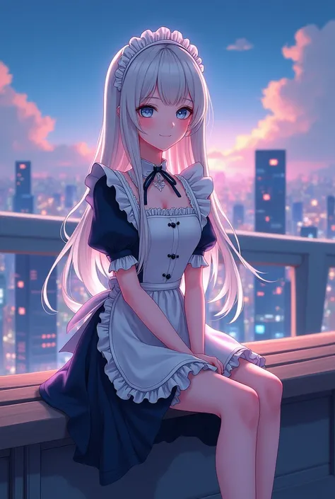 anime girl in a maid outfit sitting on a bench with a city in the background, best anime 4k konachan wallpaper, fine details. girls frontline, lolish, from girls frontline, from the azur lane videogame, nightcore, azur lane style, cute anime waifu in a nic...