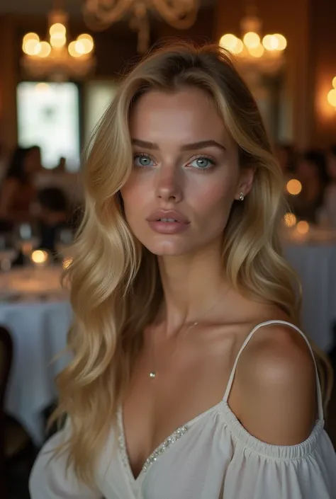 25-year-old blonde woman with elegant blue eyes at the restaurant