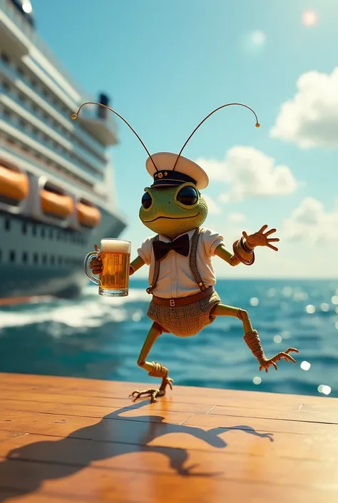 A cricket drinks beer on a cruise ship and dances a breakdance